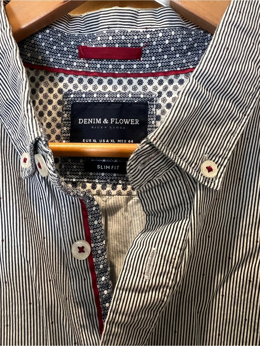 Denim & Flower Navy and White Striped Button-Down Shirt with Red Accents